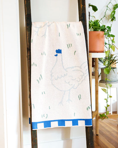 Pink & Blue Field of Hens Knit Blanket