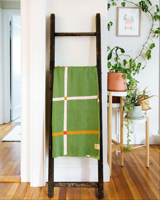 Green plaid blanket on a wooden ladder against a white wall with plants in the background.