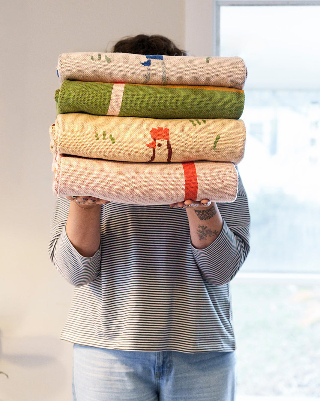 Pink & Blue Field of Hens Knit Blanket