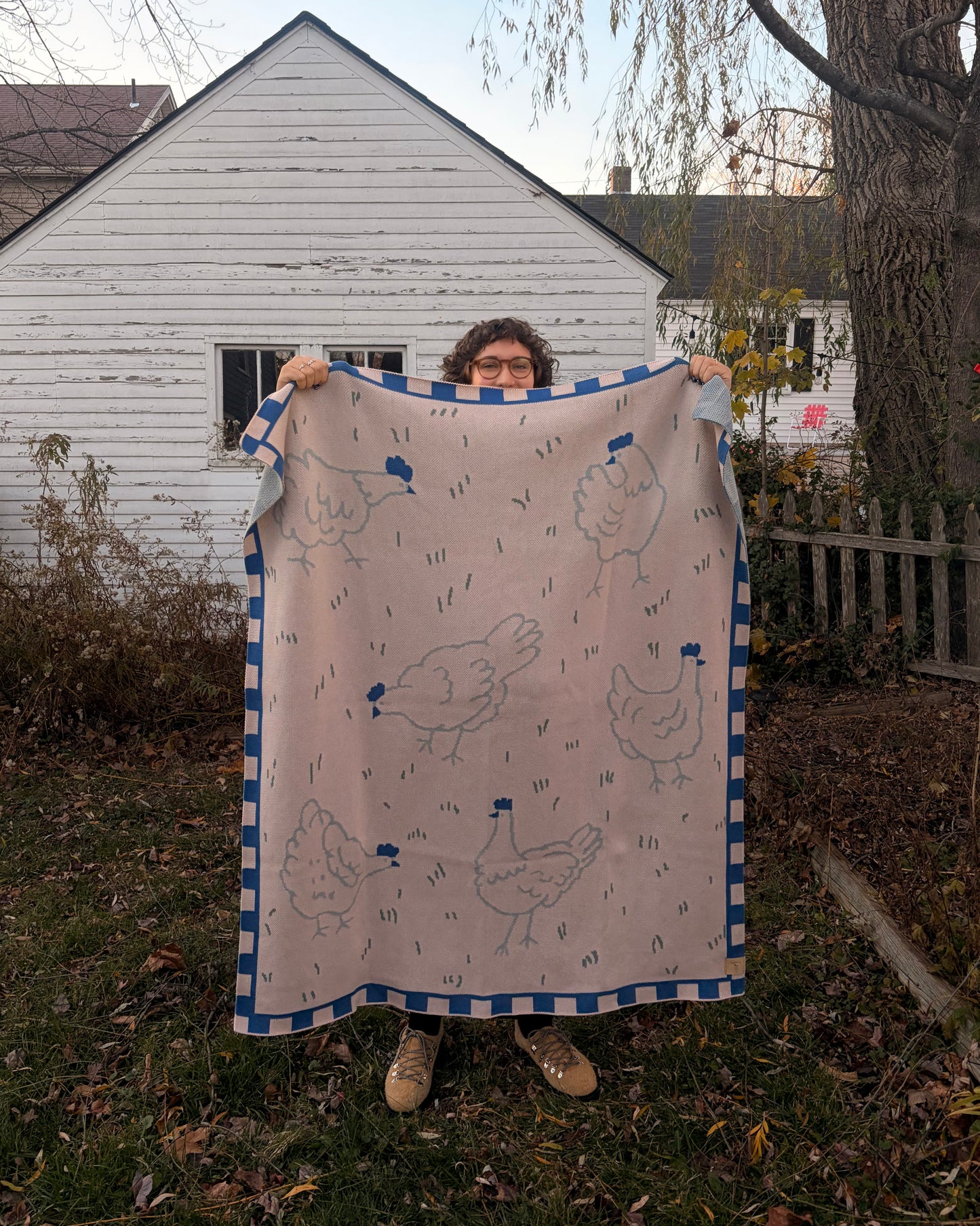 Pink & Blue Field of Hens Knit Blanket