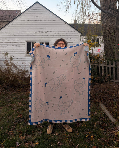 Pink & Blue Field of Hens Knit Blanket